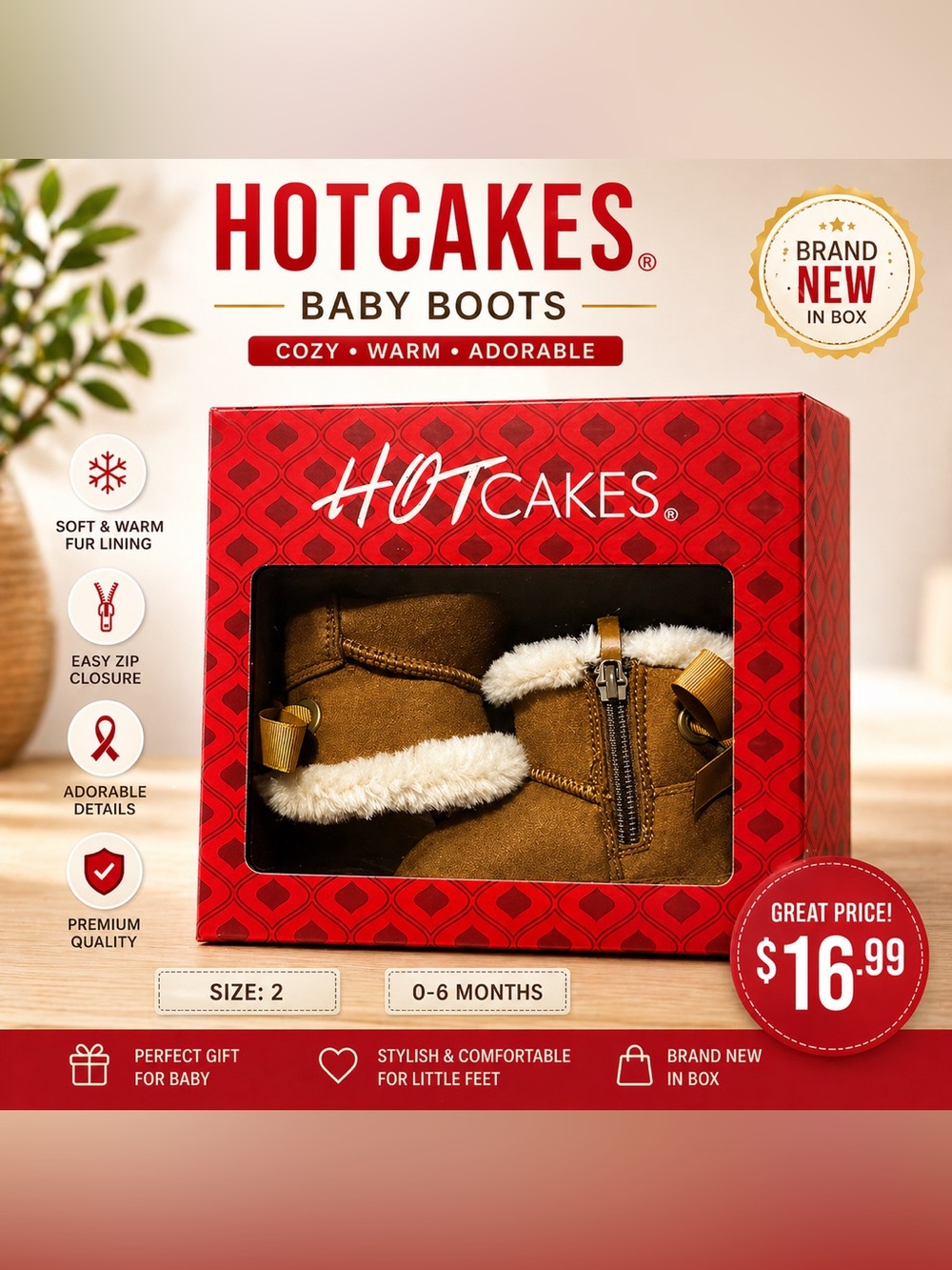 Hot Cakes Baby Boots in Brown with White Faux Fur Size 2 NIB